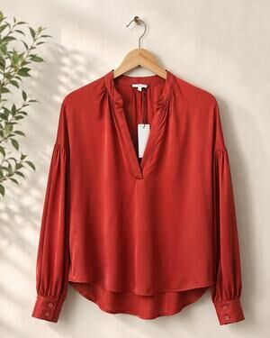 Iris & Ink Satin Blouse Burnt Orange Long Sleeve NWT